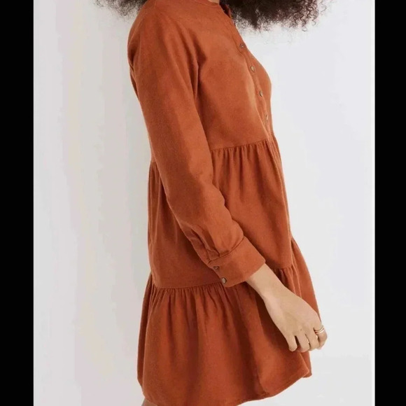 Madewell Flannel Button-Placket Tiered mini dress - Warm nutmeg - SIZE SMALL - Picture 4 of 11